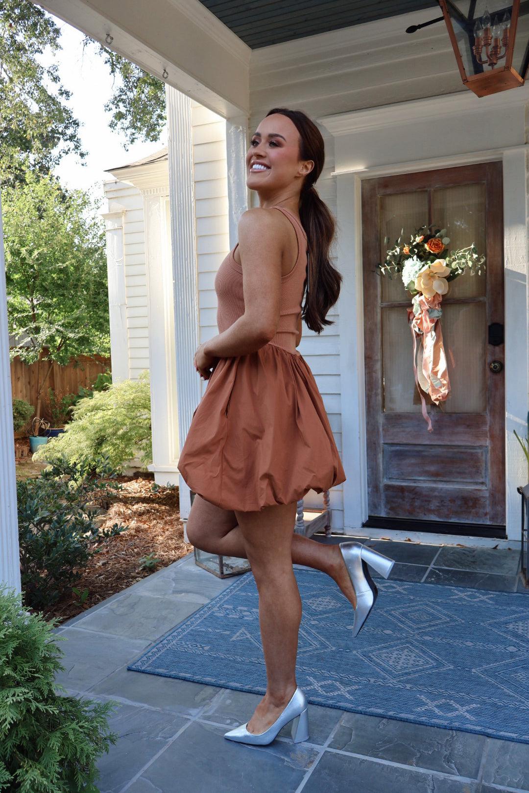 Brown Knit Ballon Mini Dress